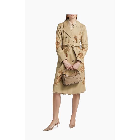 L'AGENCE Venus Floral-Embroidered Double-Breasted Trench Coat in Tan 2 - Picture 1 of 7